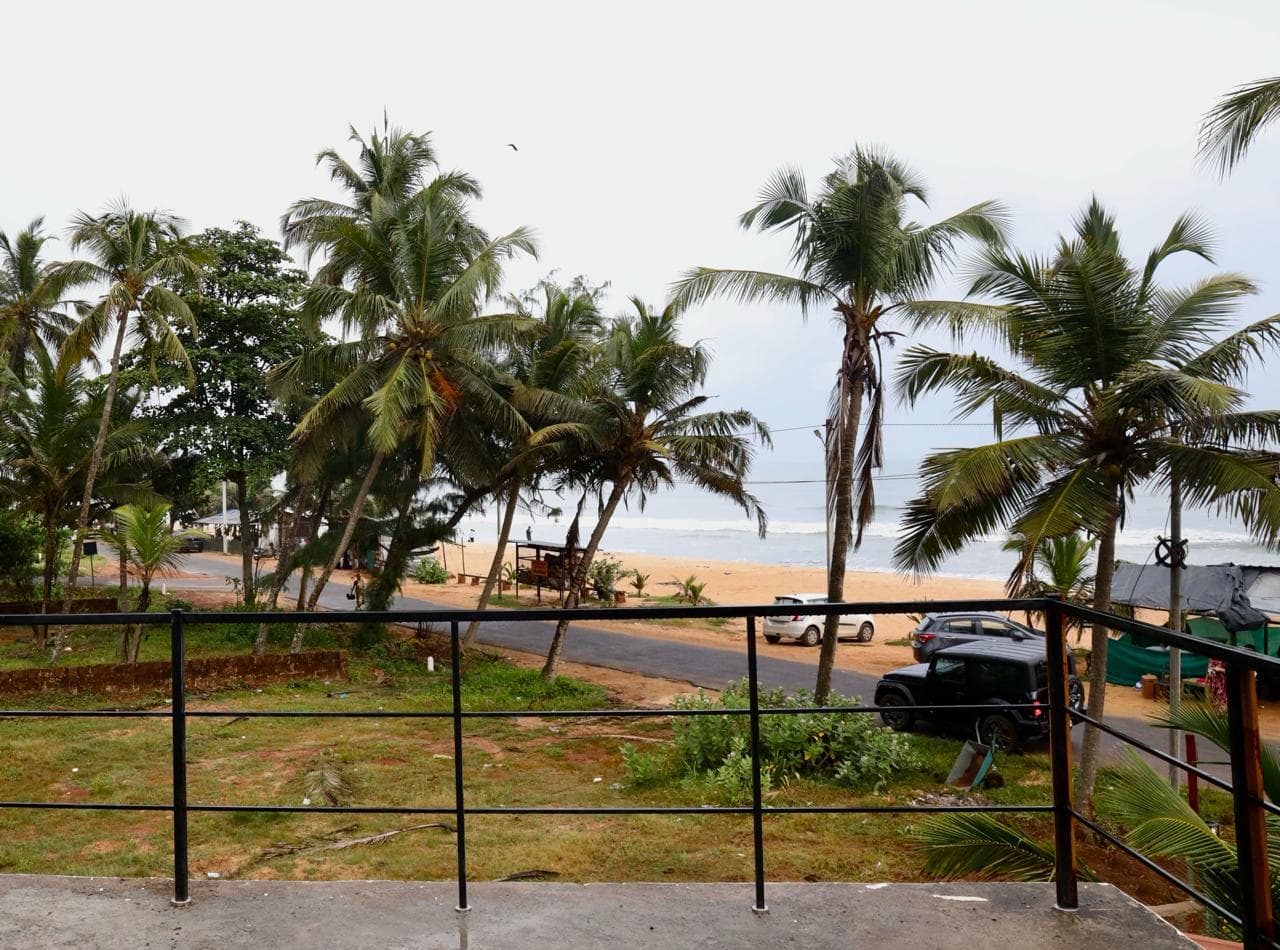 Balcony view of palms, garden, and beach